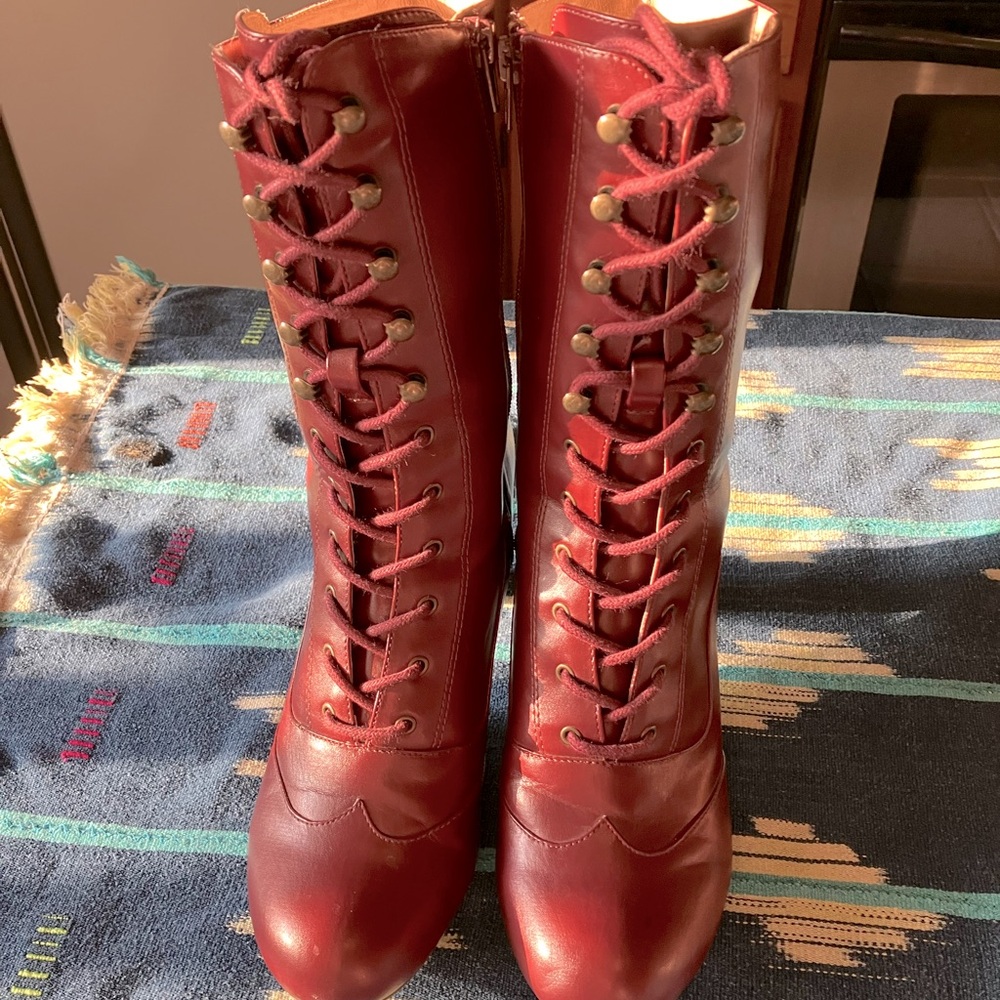 Chelsea Crew claire Burgundy Boots lace up Victorian goth - Picture 2 of 10